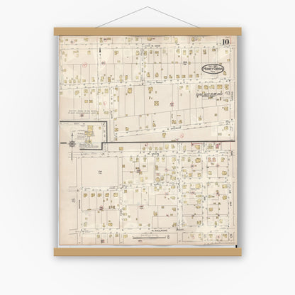 Old map wall art mockup — magnetic wood frame on white wall — Sanborn Fire Insurance Map from Honey Grove, Fannin County, Texas (1943), Sheet #0010