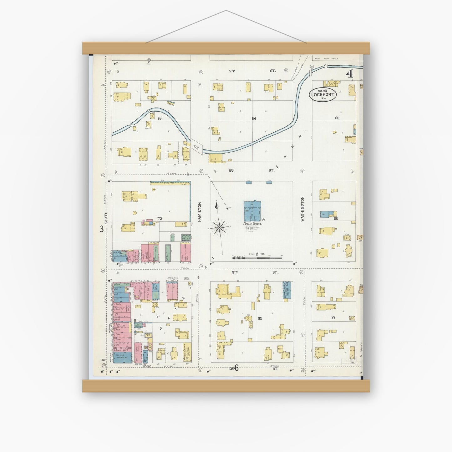 Old map wall art mockup — magnetic wood frame on white wall — Sanborn Fire Insurance Map from Lockport, Will County, Illinois (1902), Sheet #0004