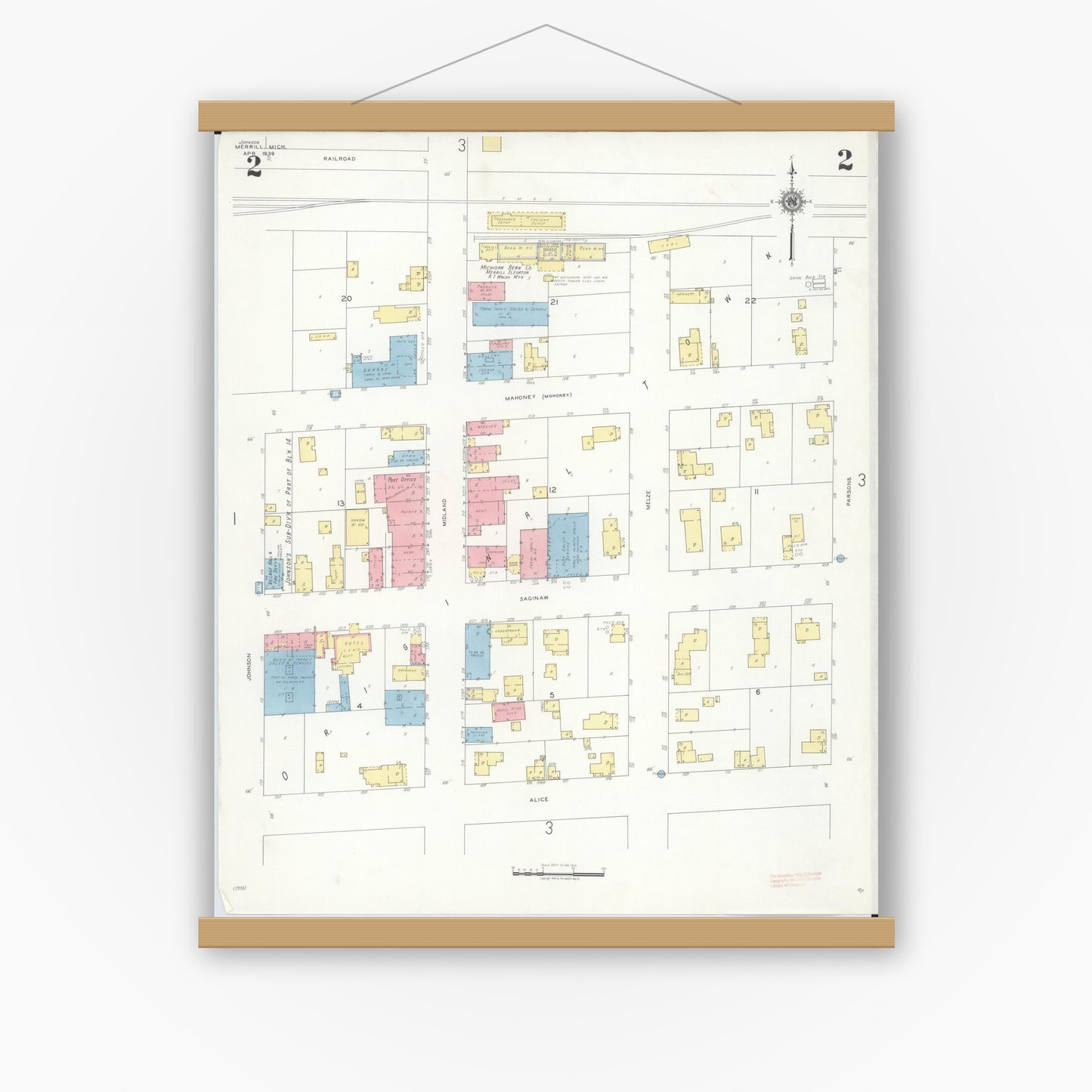 Old map wall art mockup — magnetic wood frame on white wall — Sanborn Fire Insurance Map from Merrill, Saginaw County, Michigan (1939), Sheet #0002