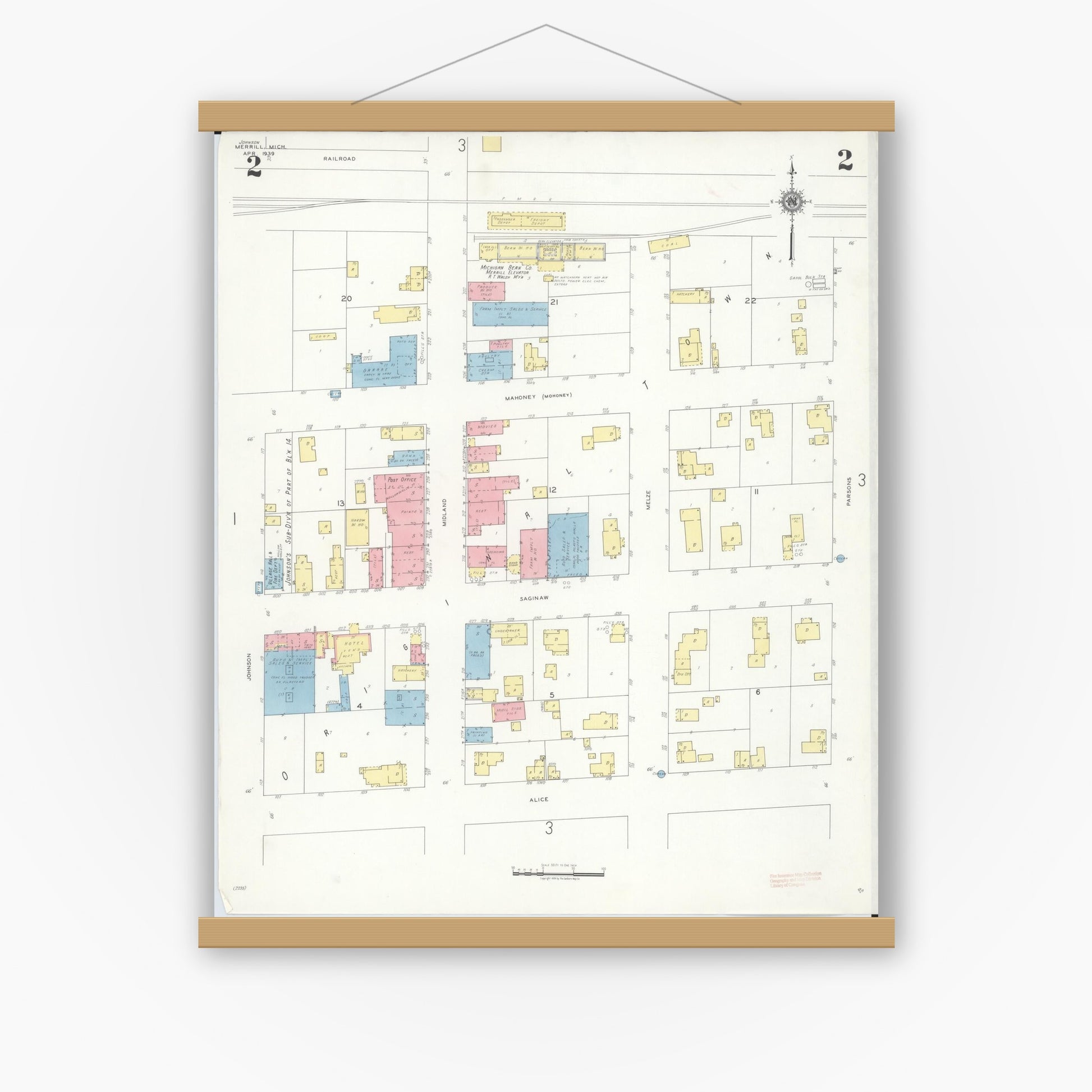 Old map wall art mockup — magnetic wood frame on white wall — Sanborn Fire Insurance Map from Merrill, Saginaw County, Michigan (1939), Sheet #0002
