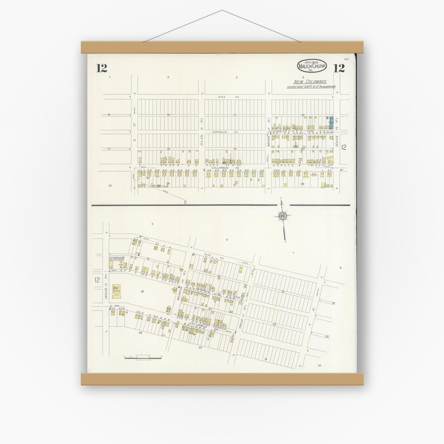Old map wall art mockup — magnetic wood frame on white wall — Sanborn Fire Insurance Map from Mauch Chunk, Carbon County, Pennsylvania (1930), Sheet #0012