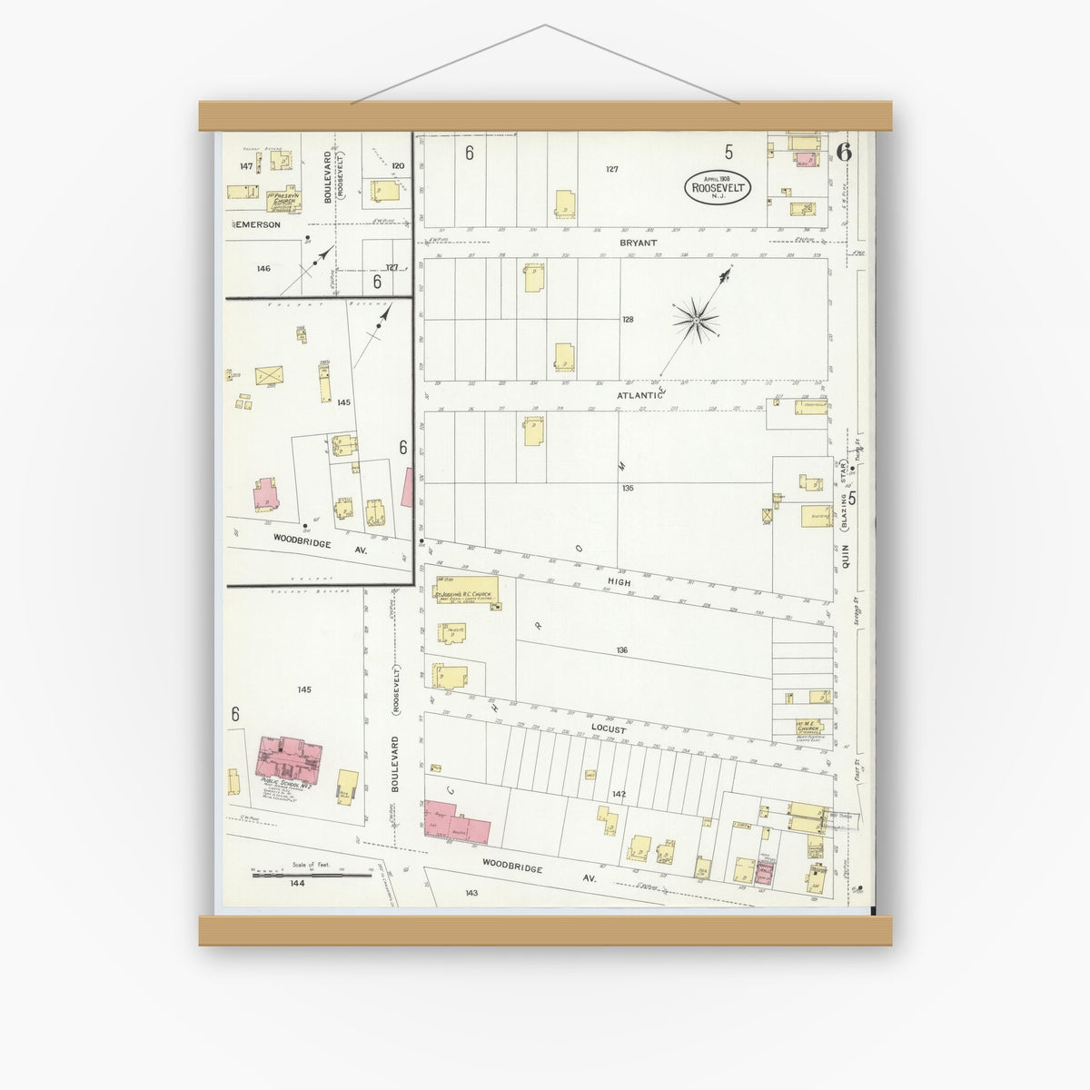 Old map wall art mockup — magnetic wood frame on white wall — Sanborn Fire Insurance Map from Roosevelt, Middlesex County, New Jersey (1908), Sheet #0006