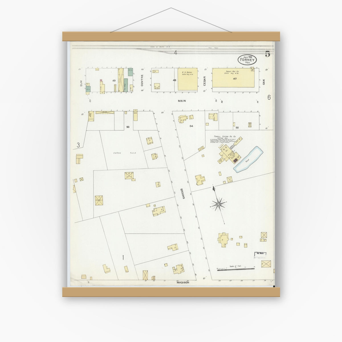 Old map wall art mockup — magnetic wood frame on white wall — Sanborn Fire Insurance Map from Forney, Kaufman County, Texas (1906), Sheet #0005