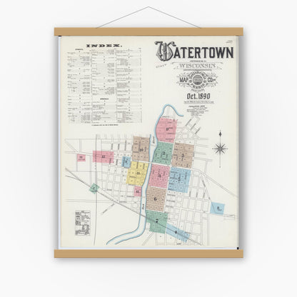 Old map wall art mockup — magnetic wood frame on white wall — Sanborn Fire Insurance Map from Watertown, Jefferson County, Wisconsin (1890) - Complete Map Set