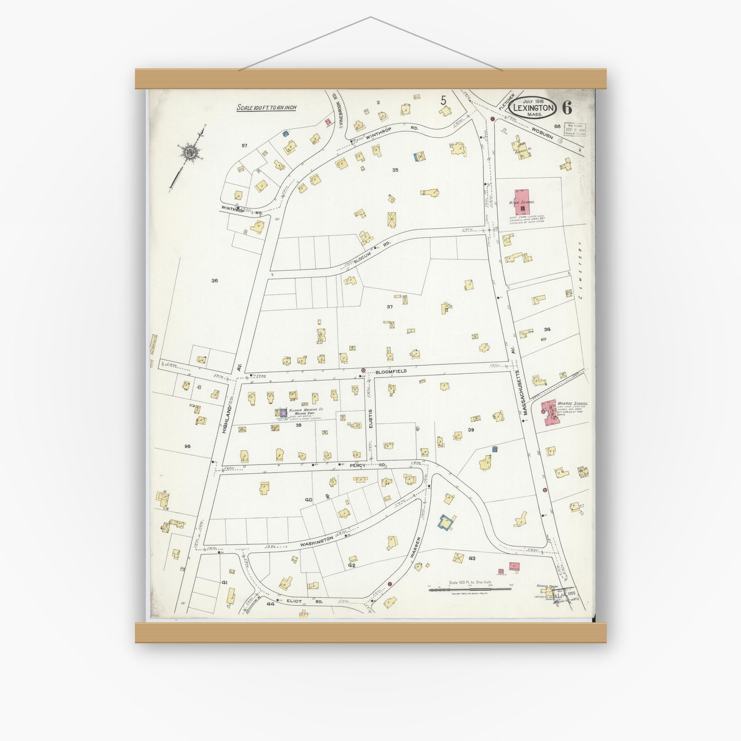 Old map wall art mockup — magnetic wood frame on white wall — Sanborn Fire Insurance Map from Lexington, Middlesex County, Massachusetts (1918), Sheet #0006