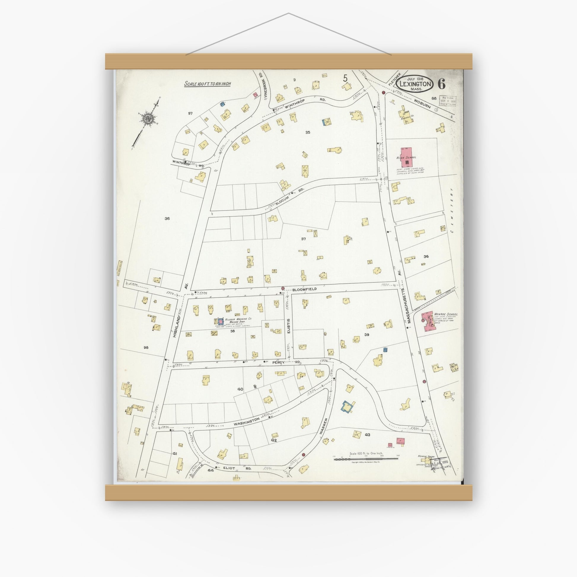 Old map wall art mockup — magnetic wood frame on white wall — Sanborn Fire Insurance Map from Lexington, Middlesex County, Massachusetts (1918), Sheet #0006