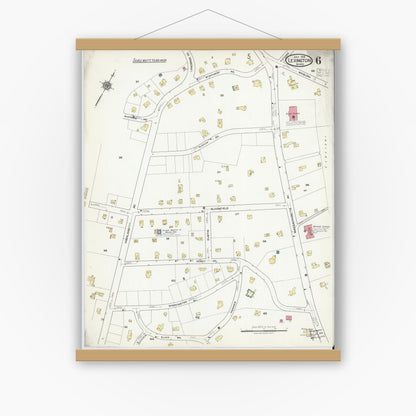 Old map wall art mockup — magnetic wood frame on white wall — Sanborn Fire Insurance Map from Lexington, Middlesex County, Massachusetts (1918), Sheet #0006