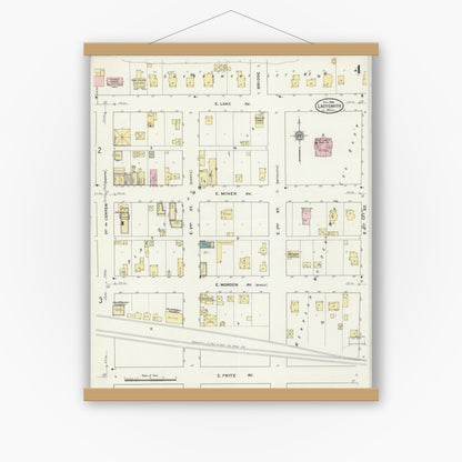 Old map wall art mockup — magnetic wood frame on white wall — Sanborn Fire Insurance Map from Ladysmith, Rusk County, Wisconsin (1909), Sheet #0004