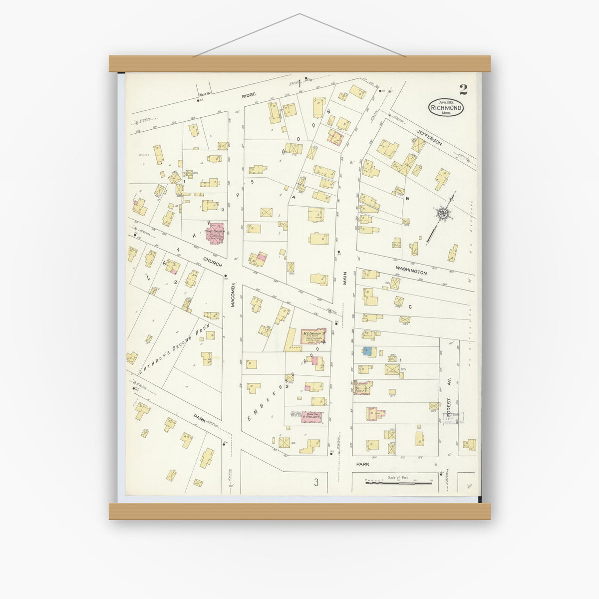 Old map wall art mockup — magnetic wood frame on white wall — Sanborn Fire Insurance Map from Richmond, Macomb County, Michigan (1913), Sheet #0002