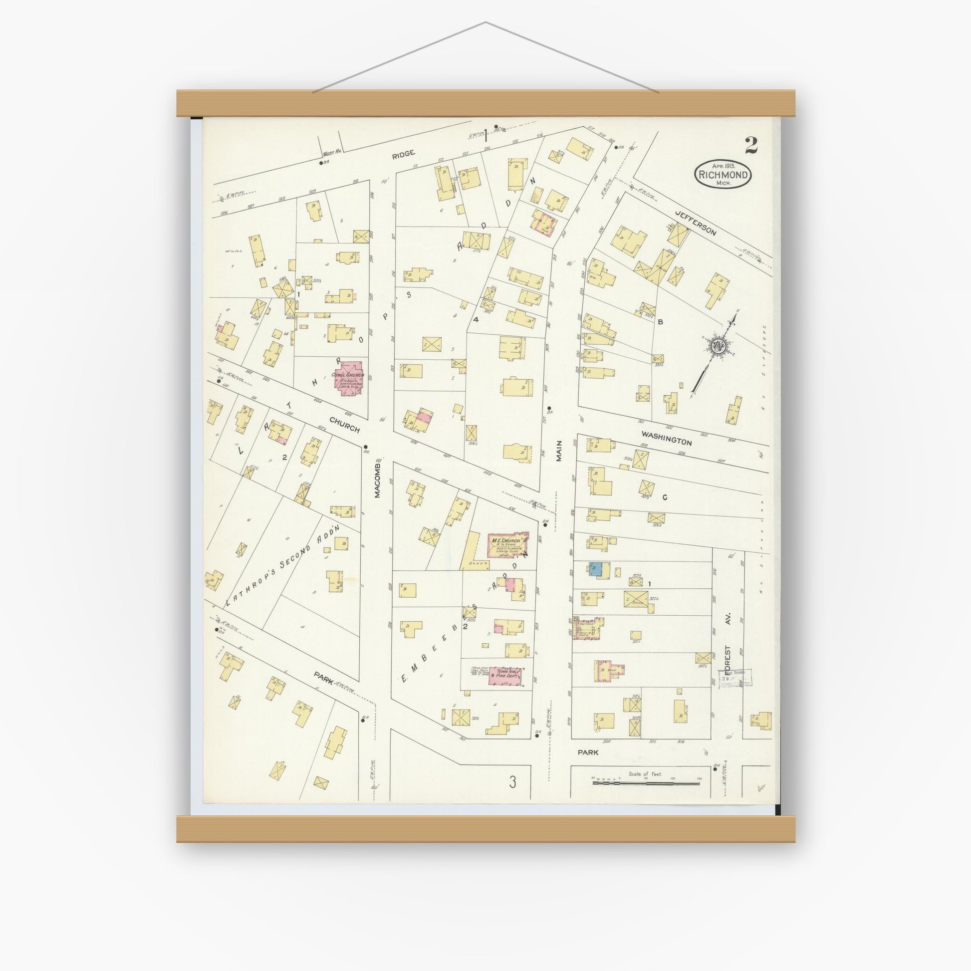 Old map wall art mockup — magnetic wood frame on white wall — Sanborn Fire Insurance Map from Richmond, Macomb County, Michigan (1913), Sheet #0002