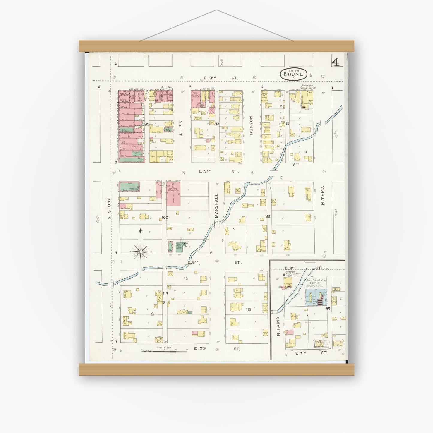 Old map wall art mockup — magnetic wood frame on white wall — Sanborn Fire Insurance Map from Boone, Boone County, Iowa (1894), Sheet #0004