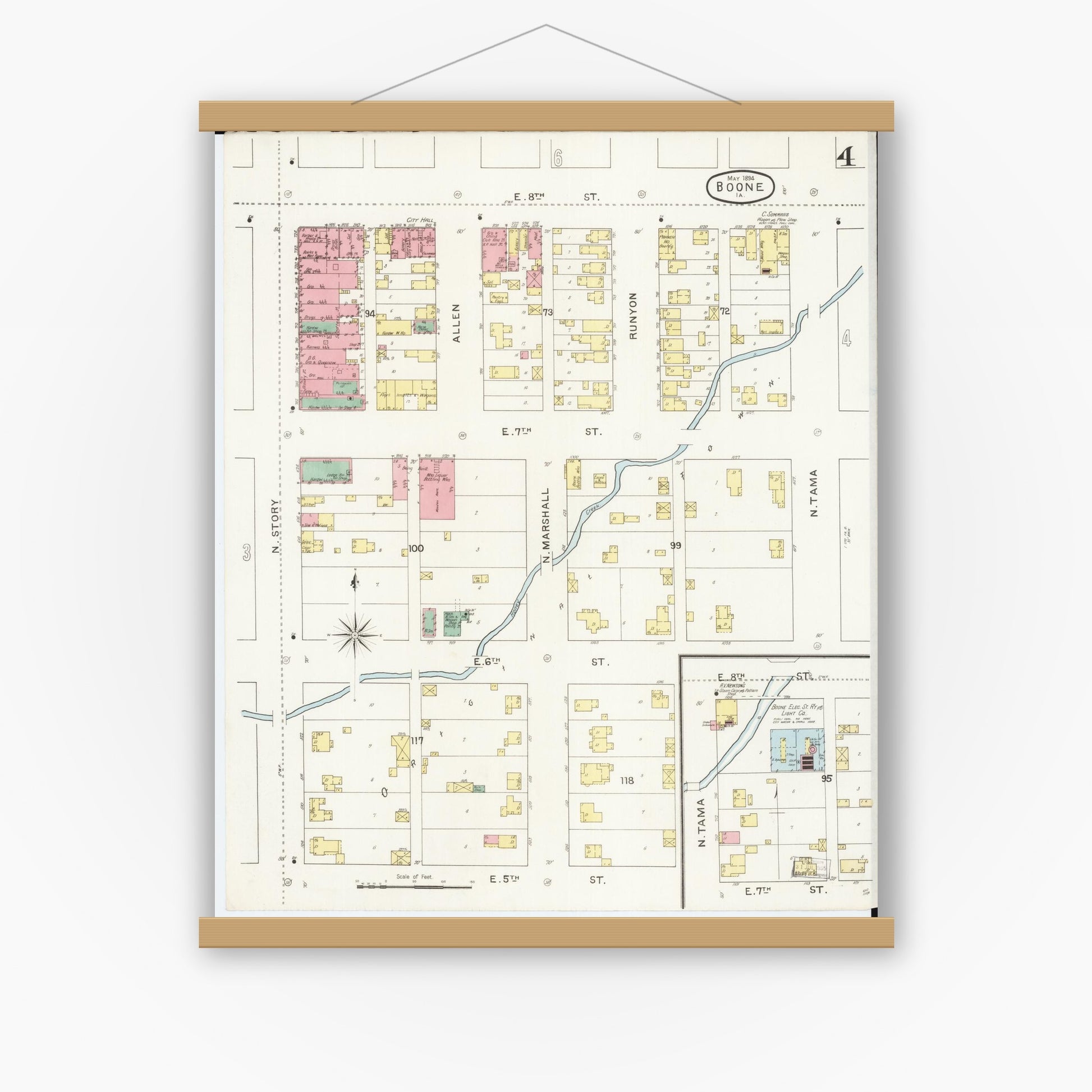 Old map wall art mockup — magnetic wood frame on white wall — Sanborn Fire Insurance Map from Boone, Boone County, Iowa (1894), Sheet #0004