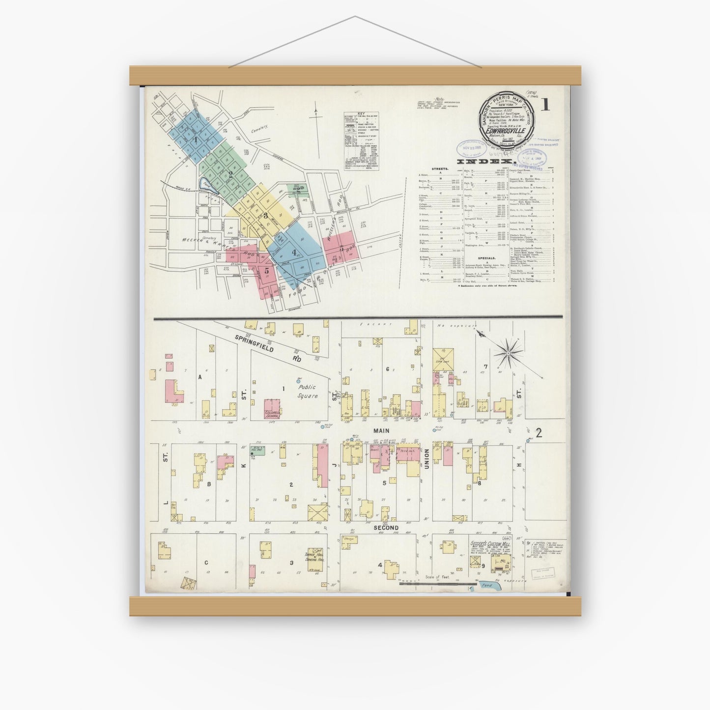 Old map wall art mockup — magnetic wood frame on white wall — Sanborn Fire Insurance Map from Edwardsville, Madison County, Illinois (1897) - Complete Map Set