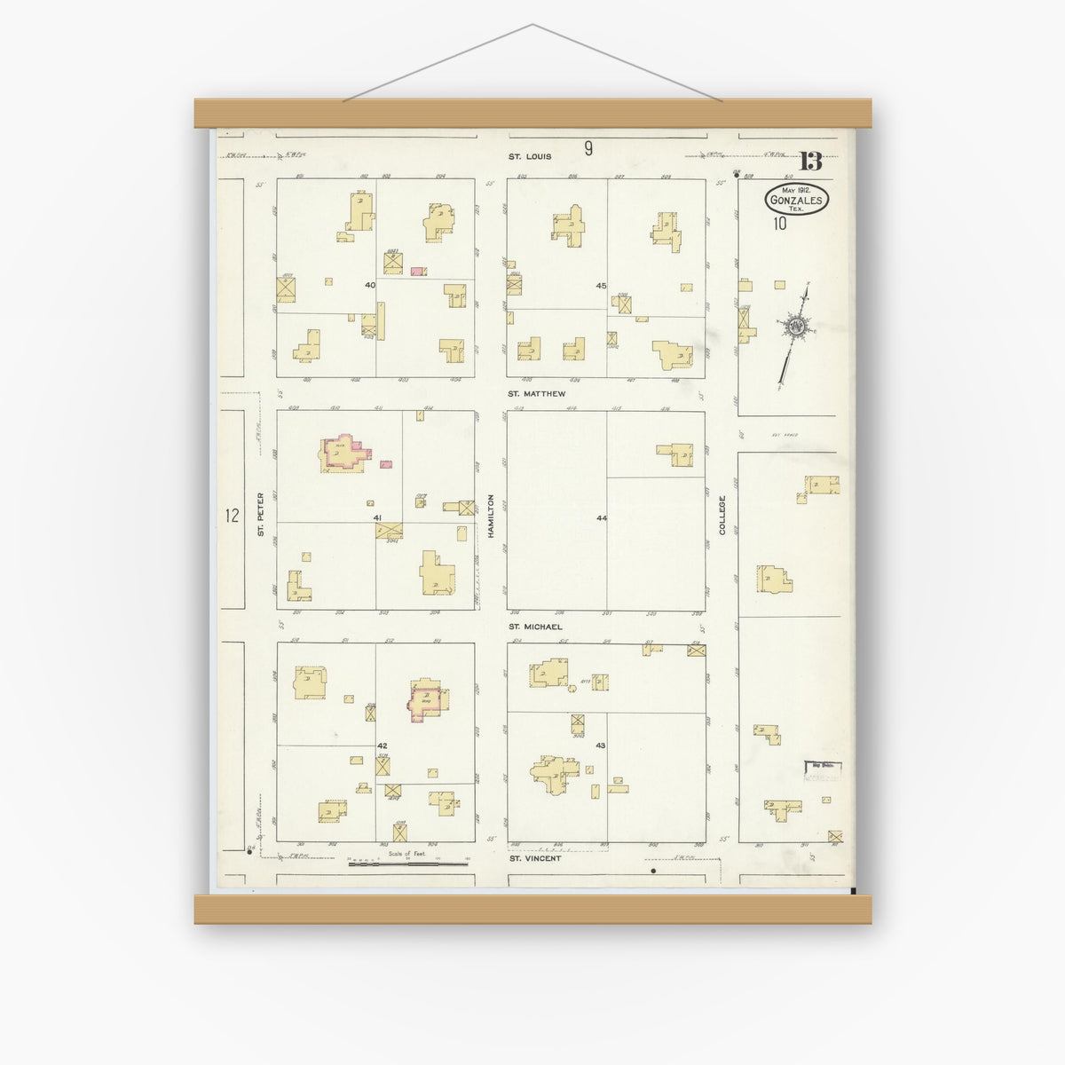 Old map wall art mockup — magnetic wood frame on white wall — Sanborn Fire Insurance Map from Gonzales, Gonzales County, Texas (1912), Sheet #0013
