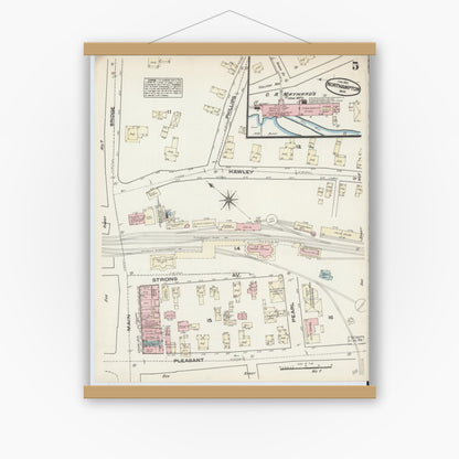 Old map wall art mockup — magnetic wood frame on white wall — Sanborn Fire Insurance Map from Northampton, Hampshire County, Massachusetts (1884), Sheet #0005
