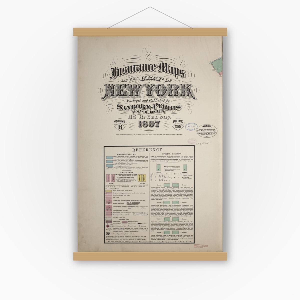 Old map wall art mockup — magnetic wood frame on white wall — Sanborn Fire Insurance Map from New York, Bronx, Manhattan, New York (1897), Sheet #0001