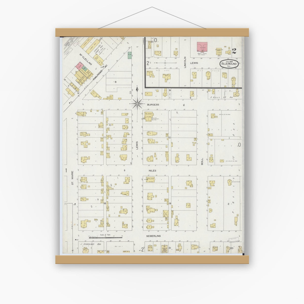 Old map wall art mockup — magnetic wood frame on white wall — Sanborn Fire Insurance Map from Blue Mound, Macon County, Illinois (1899), Sheet #0002