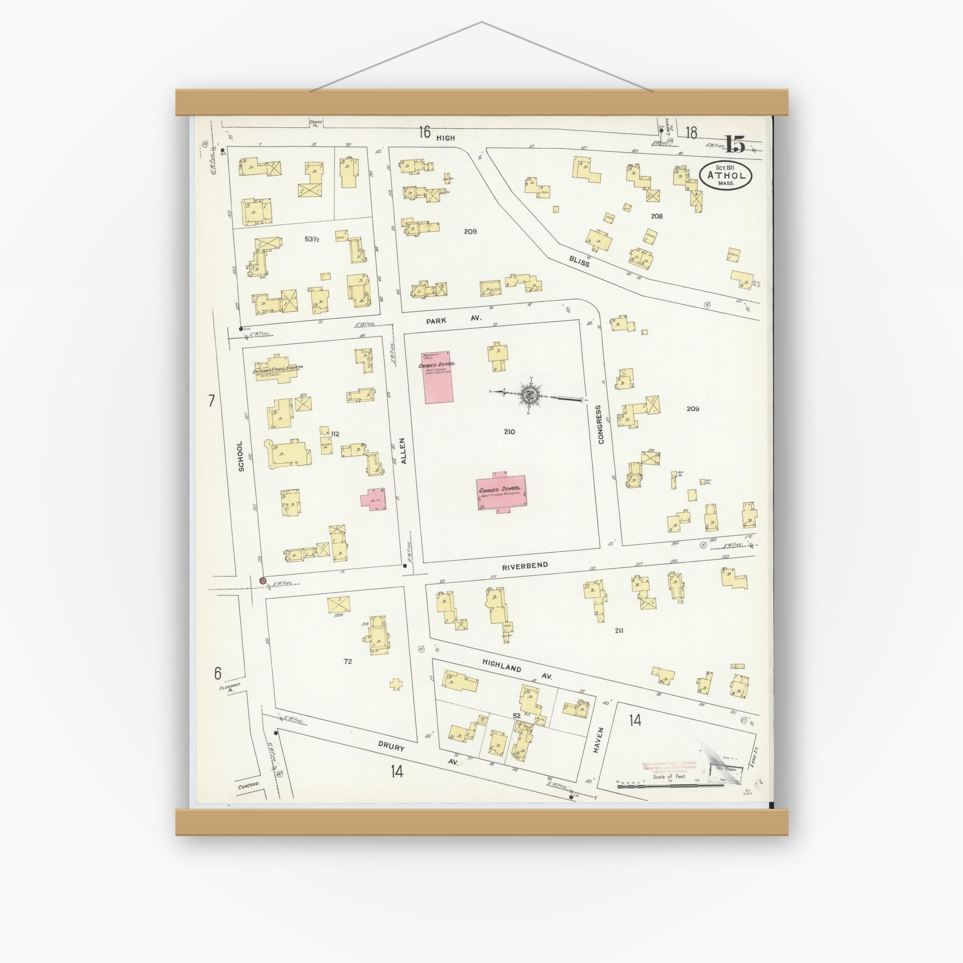 Old map wall art mockup — magnetic wood frame on white wall — Sanborn Fire Insurance Map from Athol, Worcester County, Massachusetts (1911), Sheet #0015