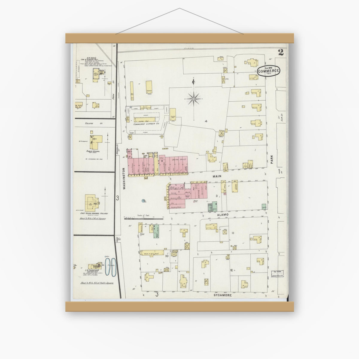 Old map wall art mockup — magnetic wood frame on white wall — Sanborn Fire Insurance Map from Commerce, Hunt County, Texas (1896), Sheet #0002