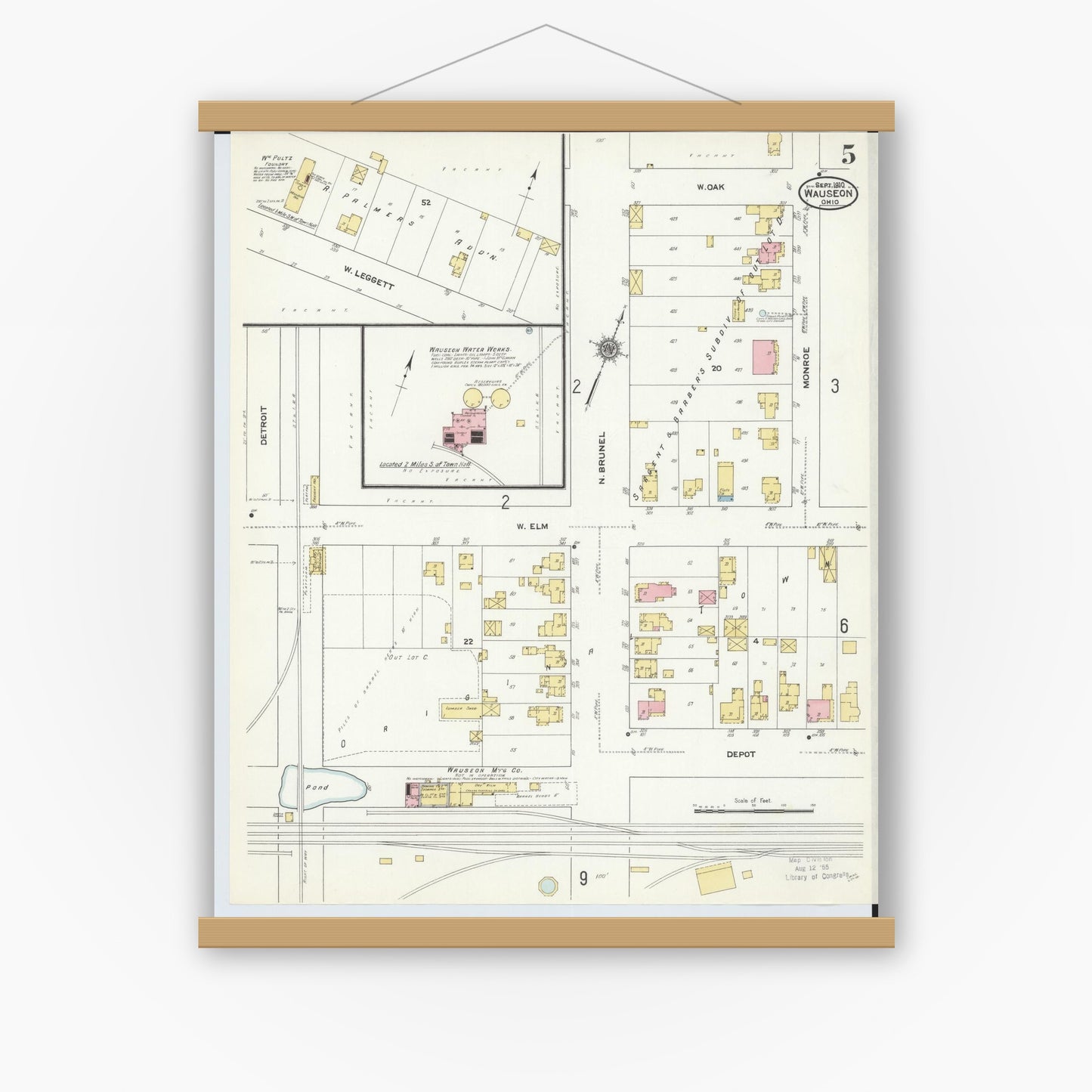 Old map wall art mockup — magnetic wood frame on white wall — Sanborn Fire Insurance Map from Wauseon, Fulton County, Ohio (1910), Sheet #0005