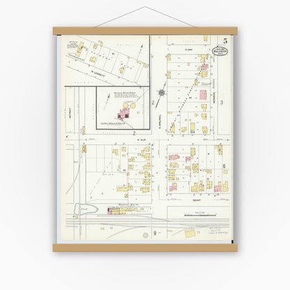 Old map wall art mockup — magnetic wood frame on white wall — Sanborn Fire Insurance Map from Wauseon, Fulton County, Ohio (1910), Sheet #0005