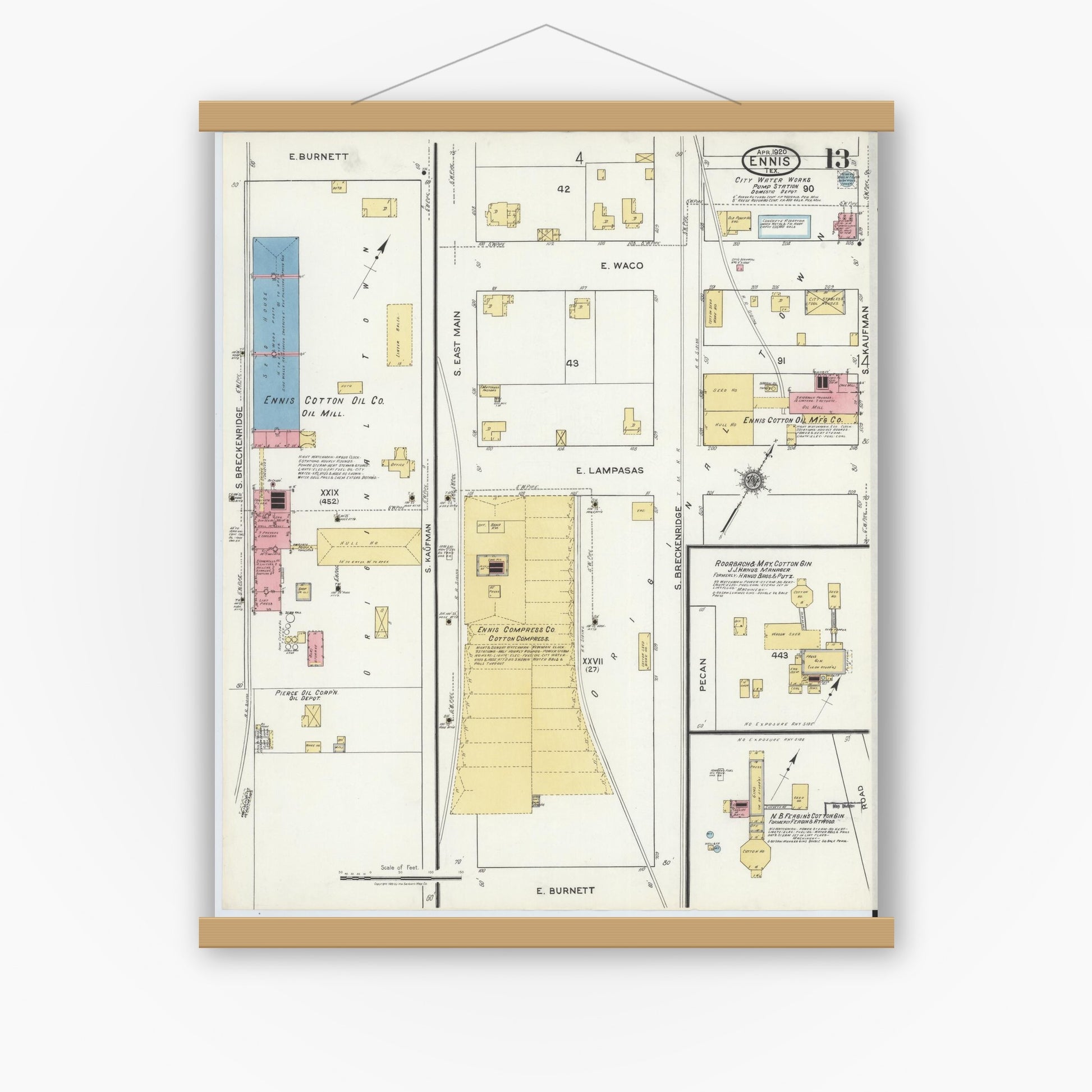 Old map wall art mockup — magnetic wood frame on white wall — Sanborn Fire Insurance Map from Ennis, Ellis County, Texas (1920), Sheet #0013