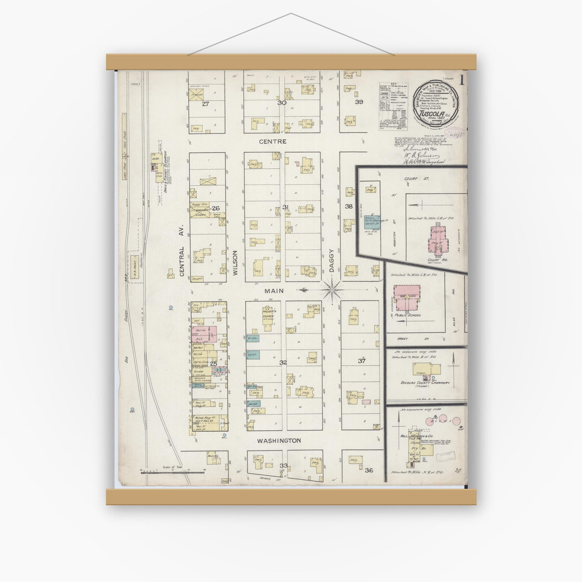 Old map wall art mockup — magnetic wood frame on white wall — Sanborn Fire Insurance Map from Tuscola, Douglas County, Illinois (1887), Sheet #0001