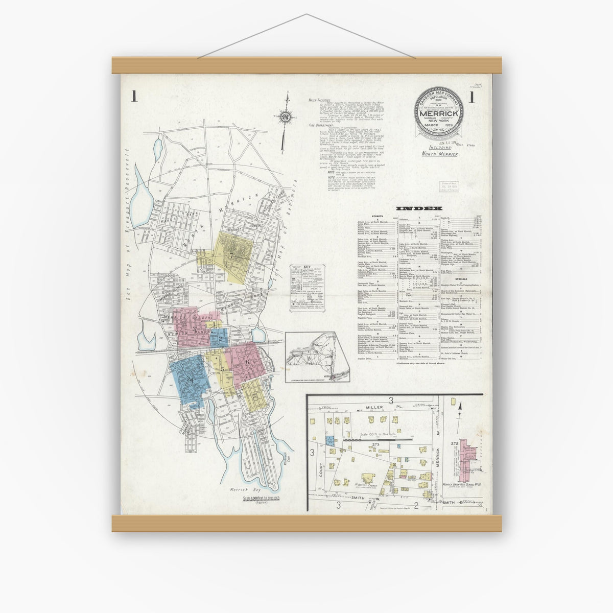 Old map wall art mockup — magnetic wood frame on white wall — Sanborn Fire Insurance Map from Merrick, Nassau County, New York (1929) - Complete Map Set
