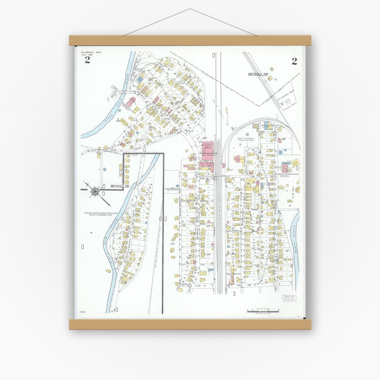 Old map wall art mockup — magnetic wood frame on white wall — Sanborn Fire Insurance Map from Dillonvale, Jefferson County, Ohio (1950), Sheet #0002