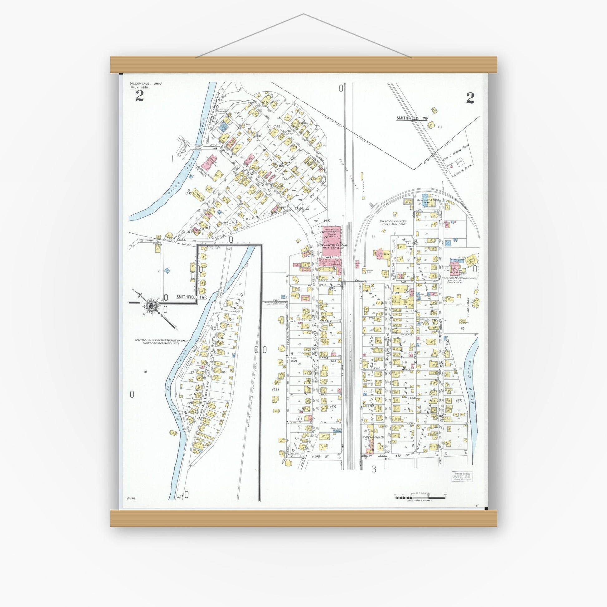 Old map wall art mockup — magnetic wood frame on white wall — Sanborn Fire Insurance Map from Dillonvale, Jefferson County, Ohio (1950), Sheet #0002