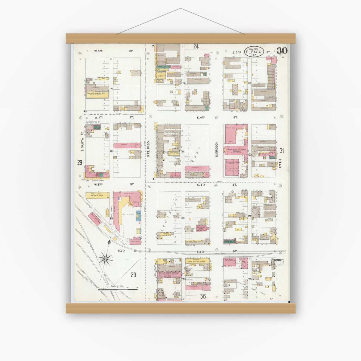 Old map wall art mockup — magnetic wood frame on white wall — Sanborn Fire Insurance Map from El Paso, El Paso County, Texas (1905), Sheet #0030