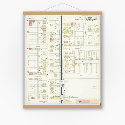 Old map wall art mockup — magnetic wood frame on white wall — Sanborn Fire Insurance Map from Wyandotte, Wayne County, Michigan (1912), Sheet #0020