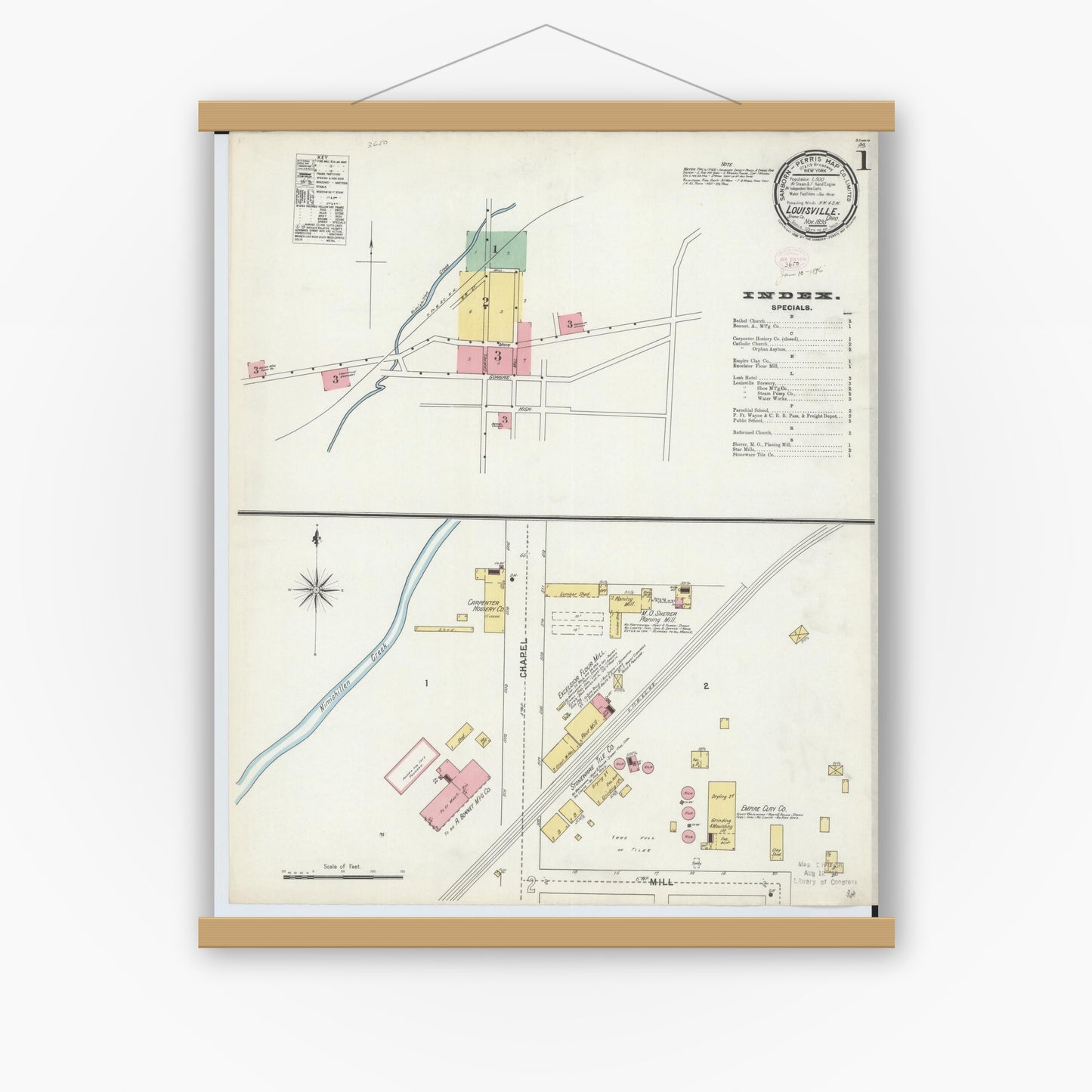 Old map wall art mockup — magnetic wood frame on white wall — Sanborn Fire Insurance Map from Louisville, Stark County, Ohio (1895) - Complete Map Set