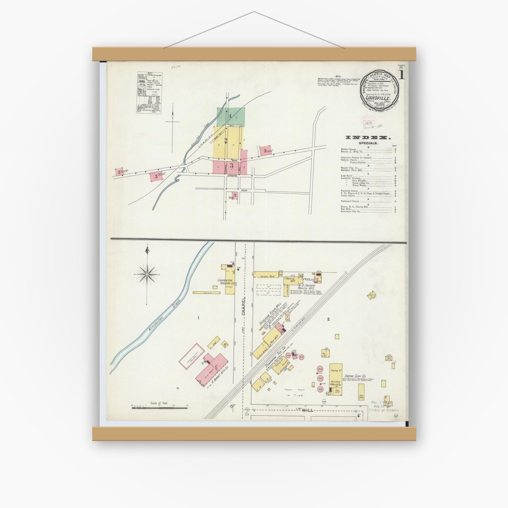 Old map wall art mockup — magnetic wood frame on white wall — Sanborn Fire Insurance Map from Louisville, Stark County, Ohio (1895) - Complete Map Set