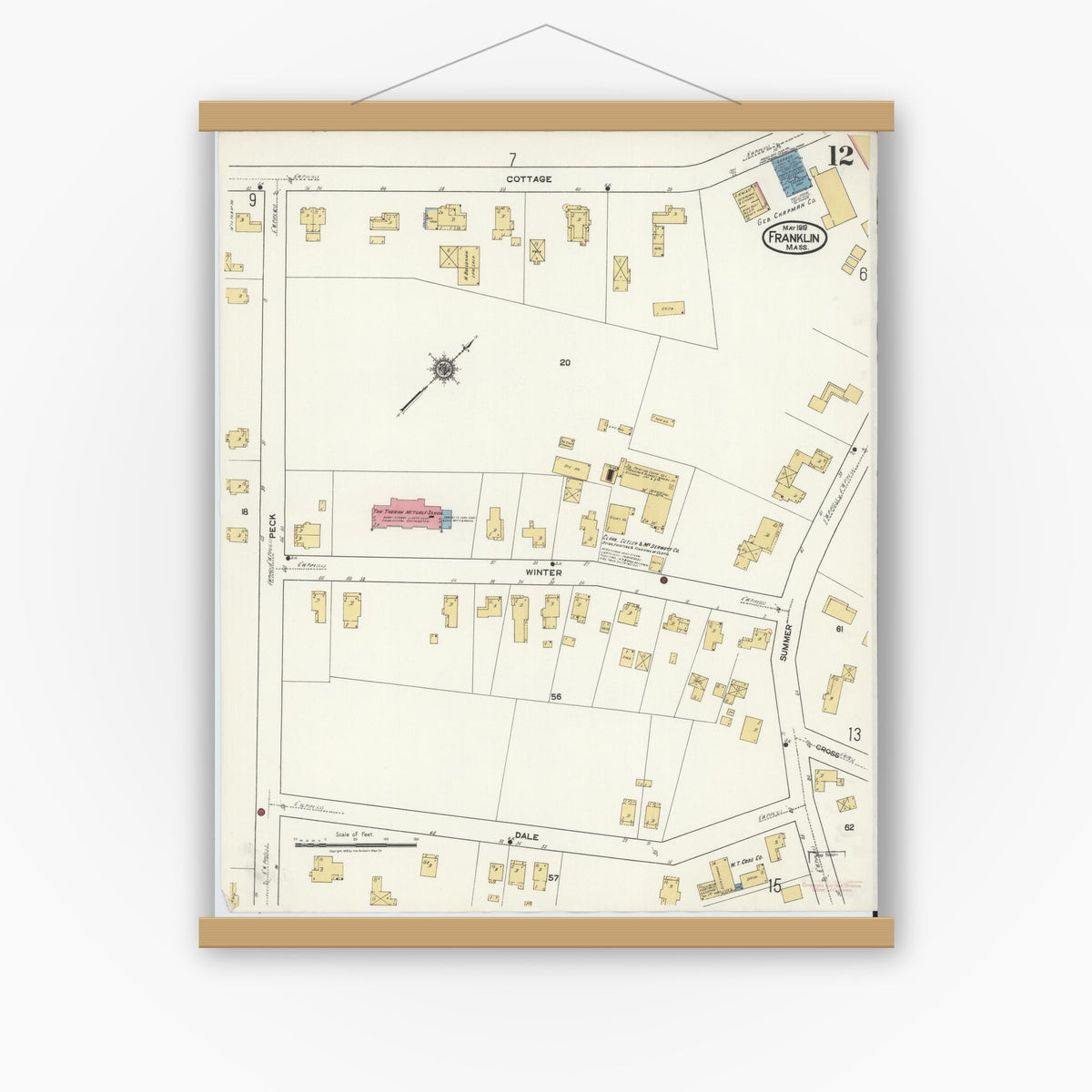 Old map wall art mockup — magnetic wood frame on white wall — Sanborn Fire Insurance Map from Franklin, Norfolk County, Massachusetts (1919), Sheet #0012