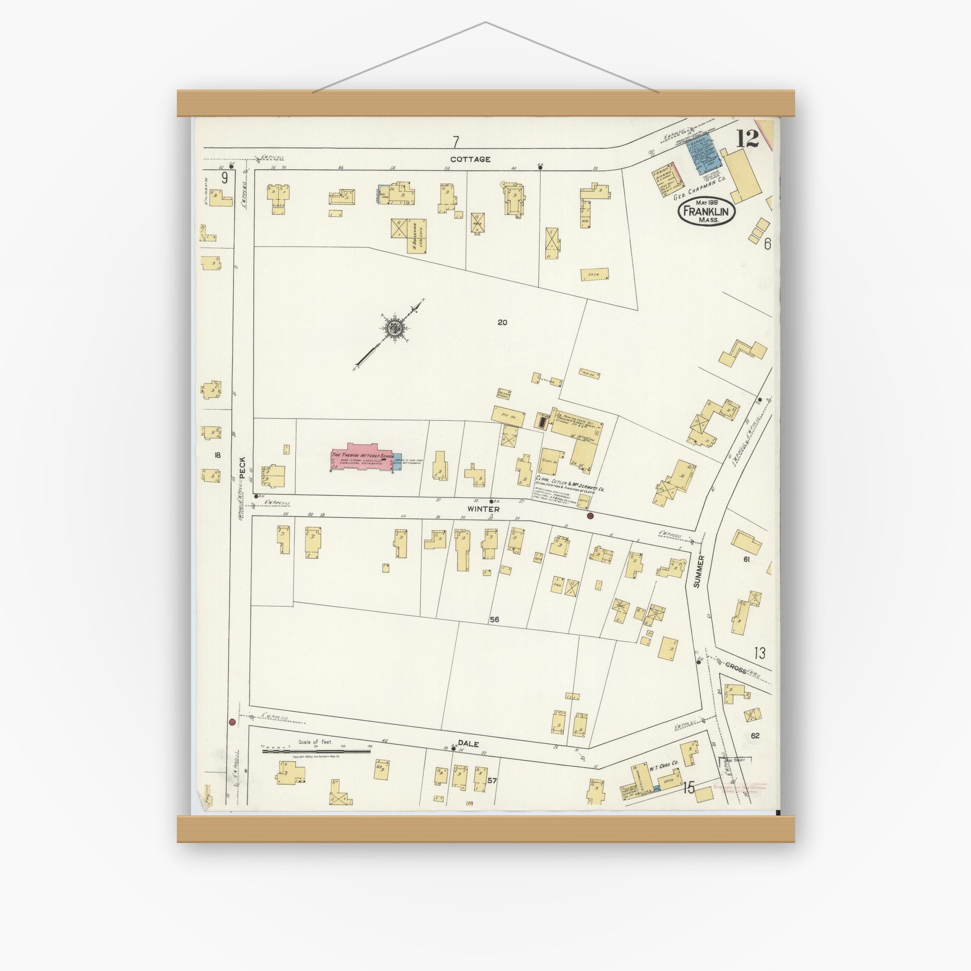 Old map wall art mockup — magnetic wood frame on white wall — Sanborn Fire Insurance Map from Franklin, Norfolk County, Massachusetts (1919), Sheet #0012