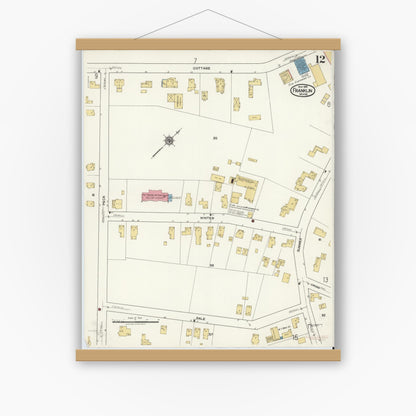 Old map wall art mockup — magnetic wood frame on white wall — Sanborn Fire Insurance Map from Franklin, Norfolk County, Massachusetts (1919), Sheet #0012