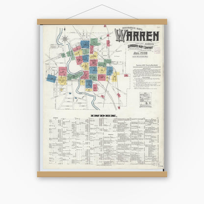Old map wall art mockup — magnetic wood frame on white wall — Sanborn Fire Insurance Map from Warren, Trumbull County, Ohio (1908) - Complete Map Set