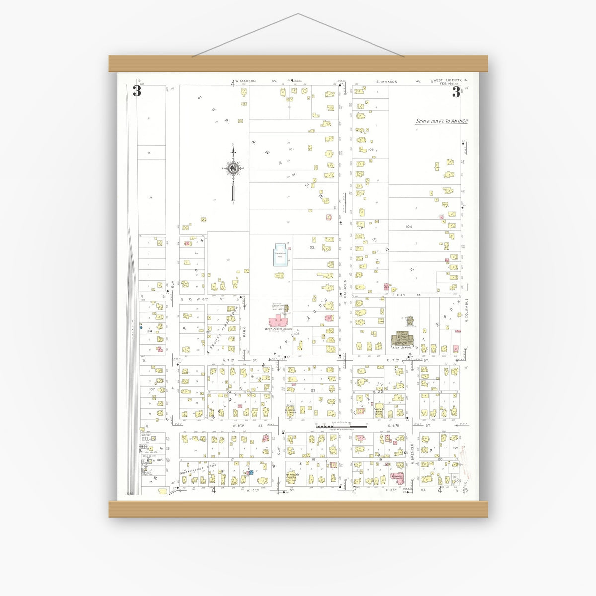 Old map wall art mockup — magnetic wood frame on white wall — Sanborn Fire Insurance Map from West Liberty, Muscatine County, Iowa (1941), Sheet #0003