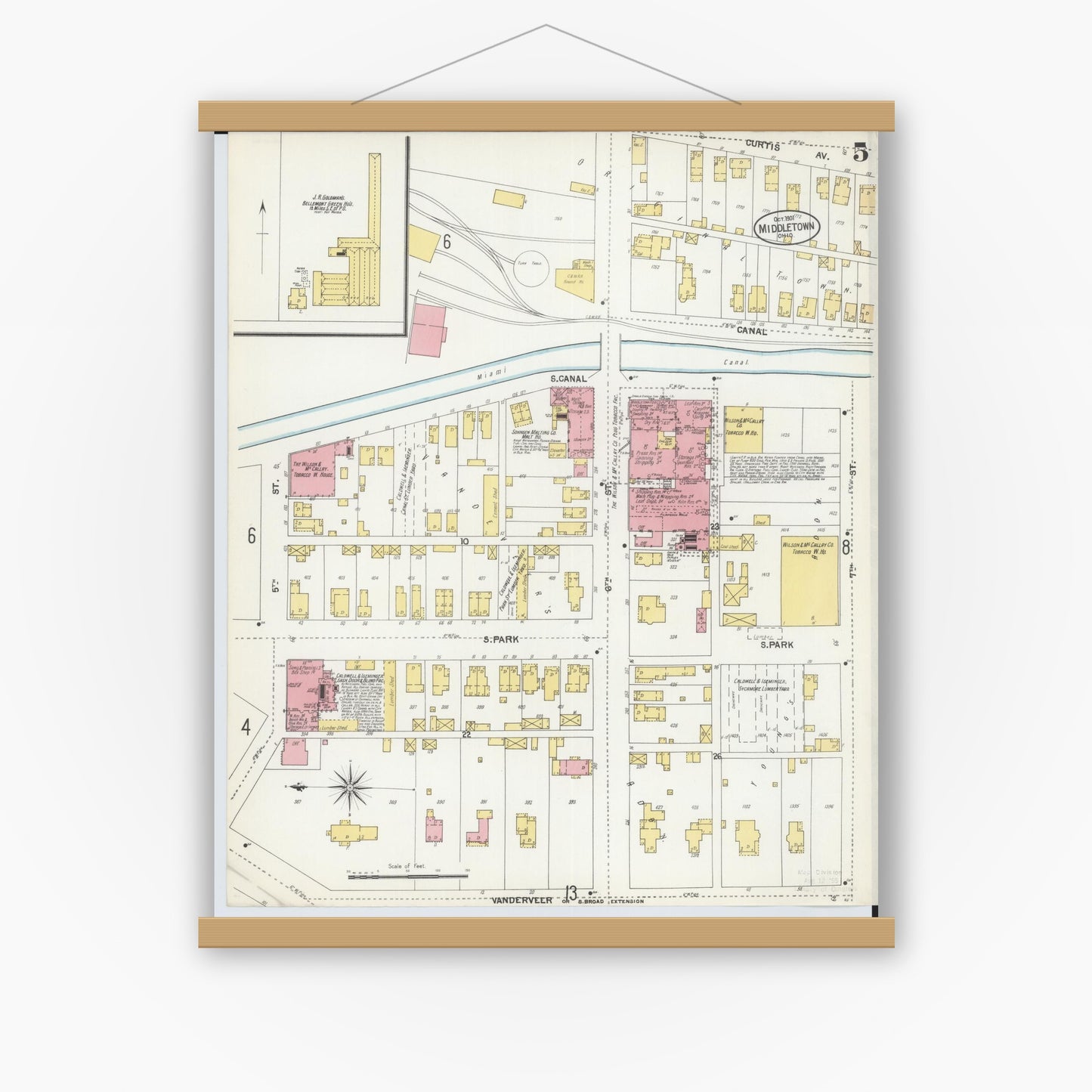 Old map wall art mockup — magnetic wood frame on white wall — Sanborn Fire Insurance Map from Middletown, Butler County, Ohio (1901), Sheet #0005