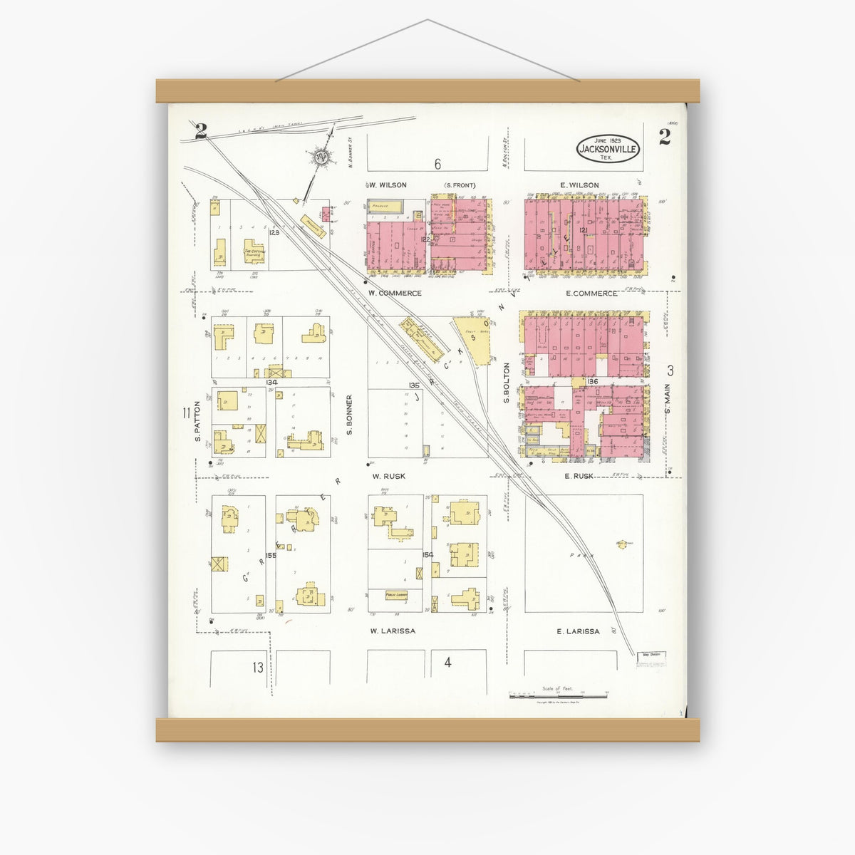 Old map wall art mockup — magnetic wood frame on white wall — Sanborn Fire Insurance Map from Jacksonville, Cherokee County, Texas (1923), Sheet #0002