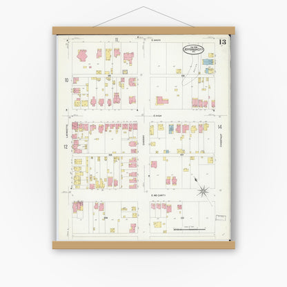 Old map wall art mockup — magnetic wood frame on white wall — Sanborn Fire Insurance Map from Jefferson City, Cole County, Missouri (1908), Sheet #0013
