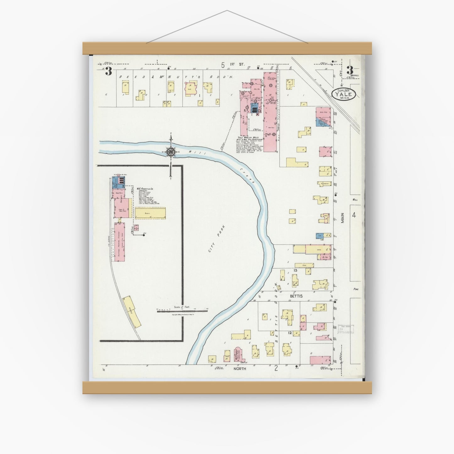 Old map wall art mockup — magnetic wood frame on white wall — Sanborn Fire Insurance Map from Yale, Saint Clair County, Michigan (1924), Sheet #0003