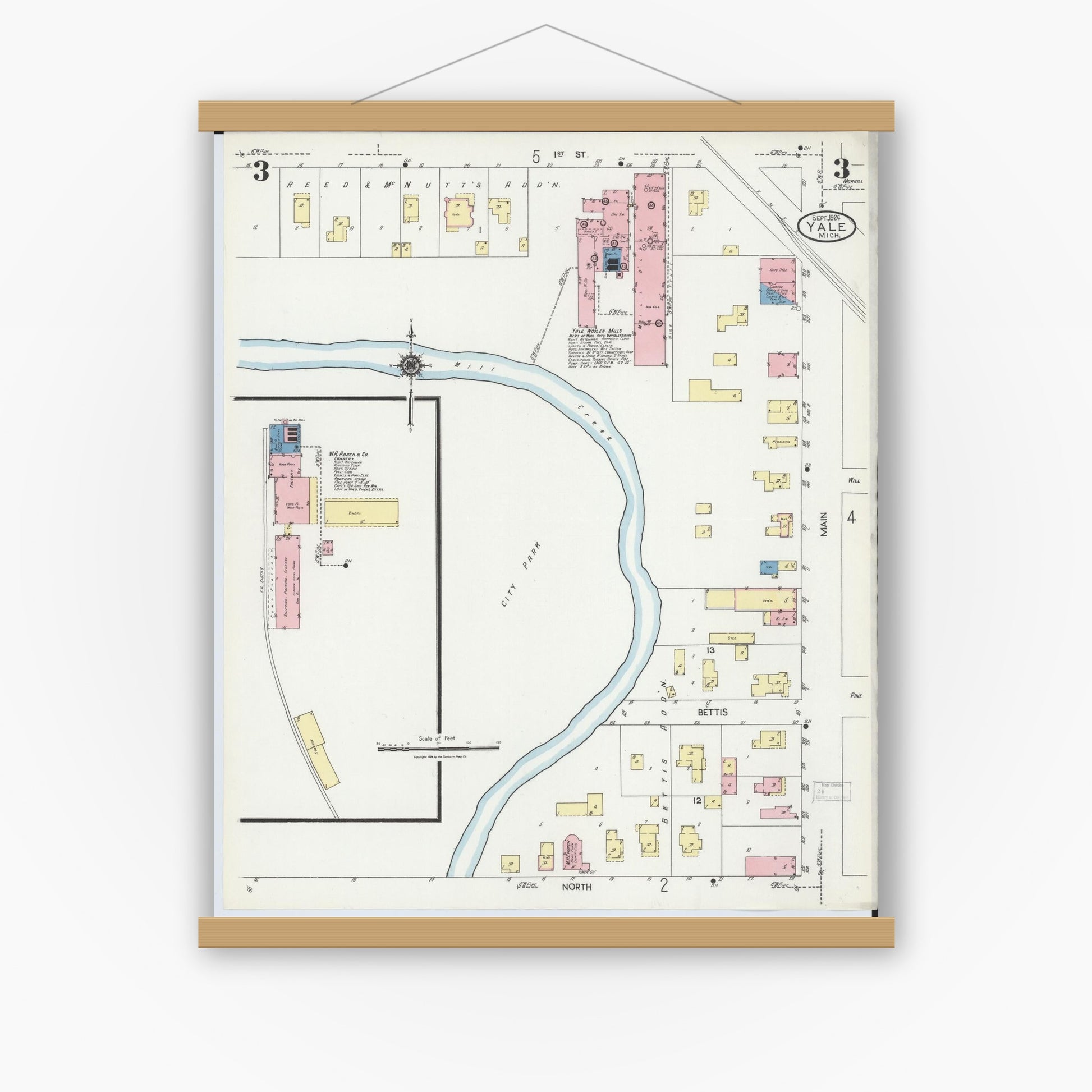 Old map wall art mockup — magnetic wood frame on white wall — Sanborn Fire Insurance Map from Yale, Saint Clair County, Michigan (1924), Sheet #0003