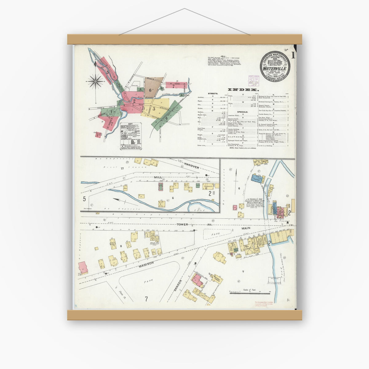 Old map wall art mockup — magnetic wood frame on white wall — Sanborn Fire Insurance Map from Waterville, Oneida County, New York (1906) - Complete Map Set