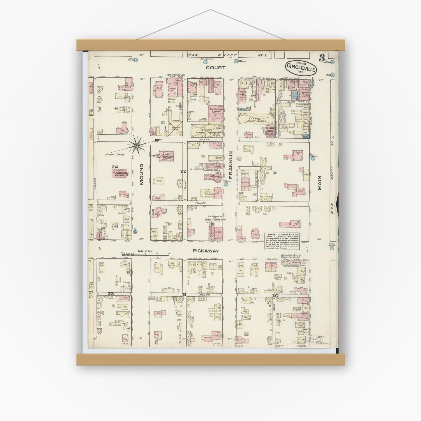 Old map wall art mockup — magnetic wood frame on white wall — Sanborn Fire Insurance Map from Circleville, Pickaway County, Ohio (1884), Sheet #0003