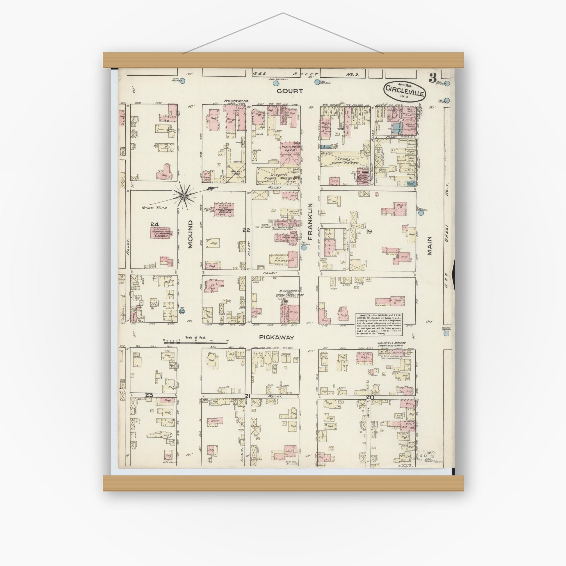 Old map wall art mockup — magnetic wood frame on white wall — Sanborn Fire Insurance Map from Circleville, Pickaway County, Ohio (1884), Sheet #0003