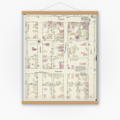 Old map wall art mockup — magnetic wood frame on white wall — Sanborn Fire Insurance Map from Circleville, Pickaway County, Ohio (1884), Sheet #0003