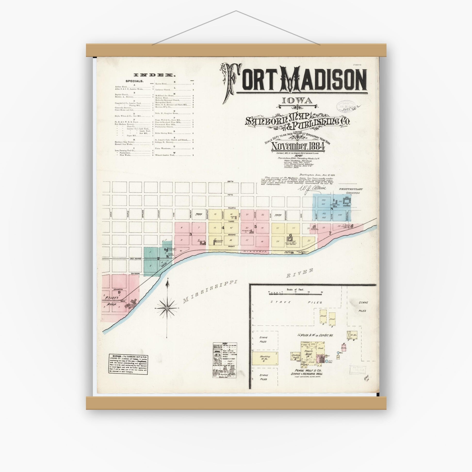 Old map wall art mockup — magnetic wood frame on white wall — Sanborn Fire Insurance Map from Fort Madison, Lee County, Iowa (1884) â€” Complete Set