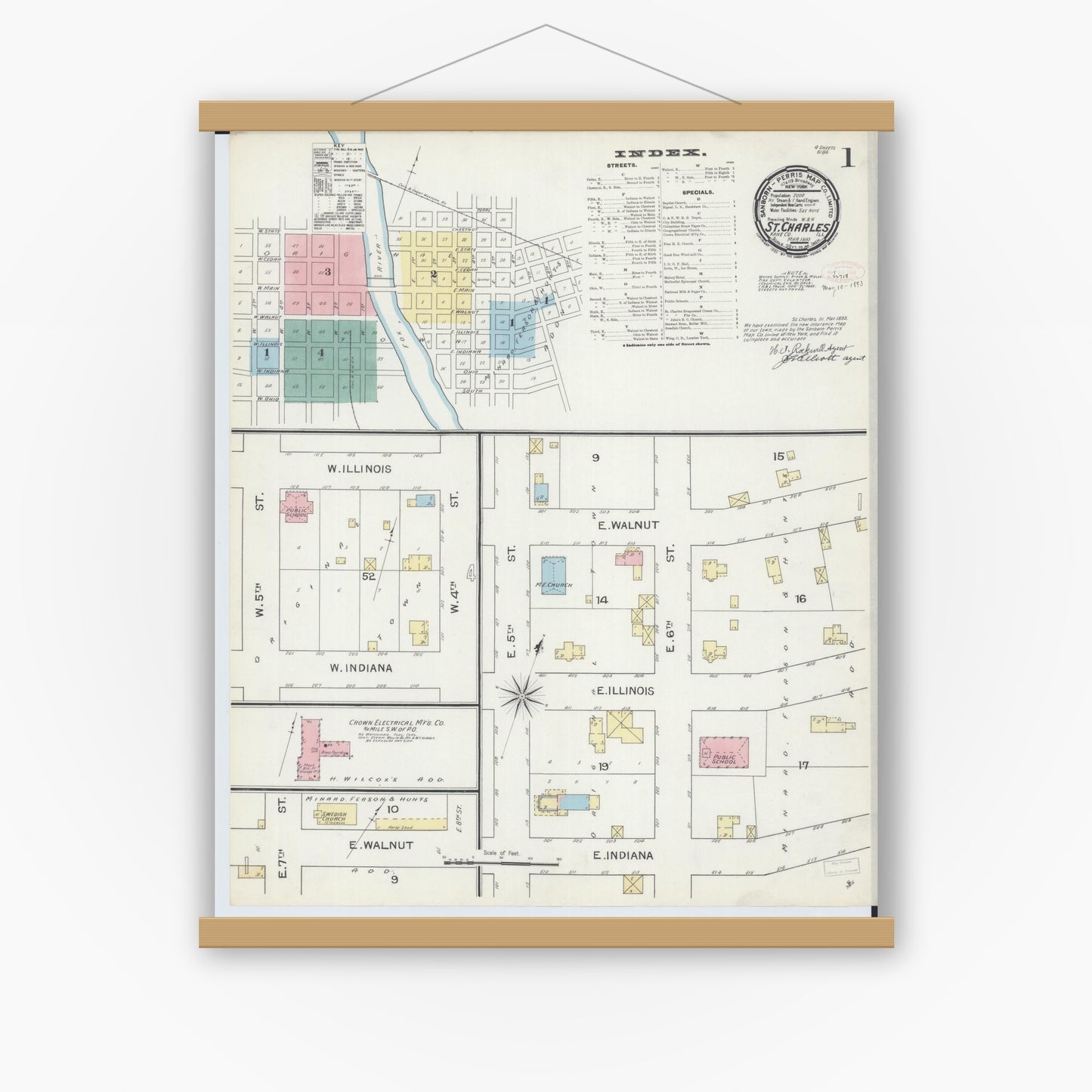 Old map wall art mockup — magnetic wood frame on white wall — Sanborn Fire Insurance Map from Saint Charles, Kane County, Illinois (1893) - Complete Map Set